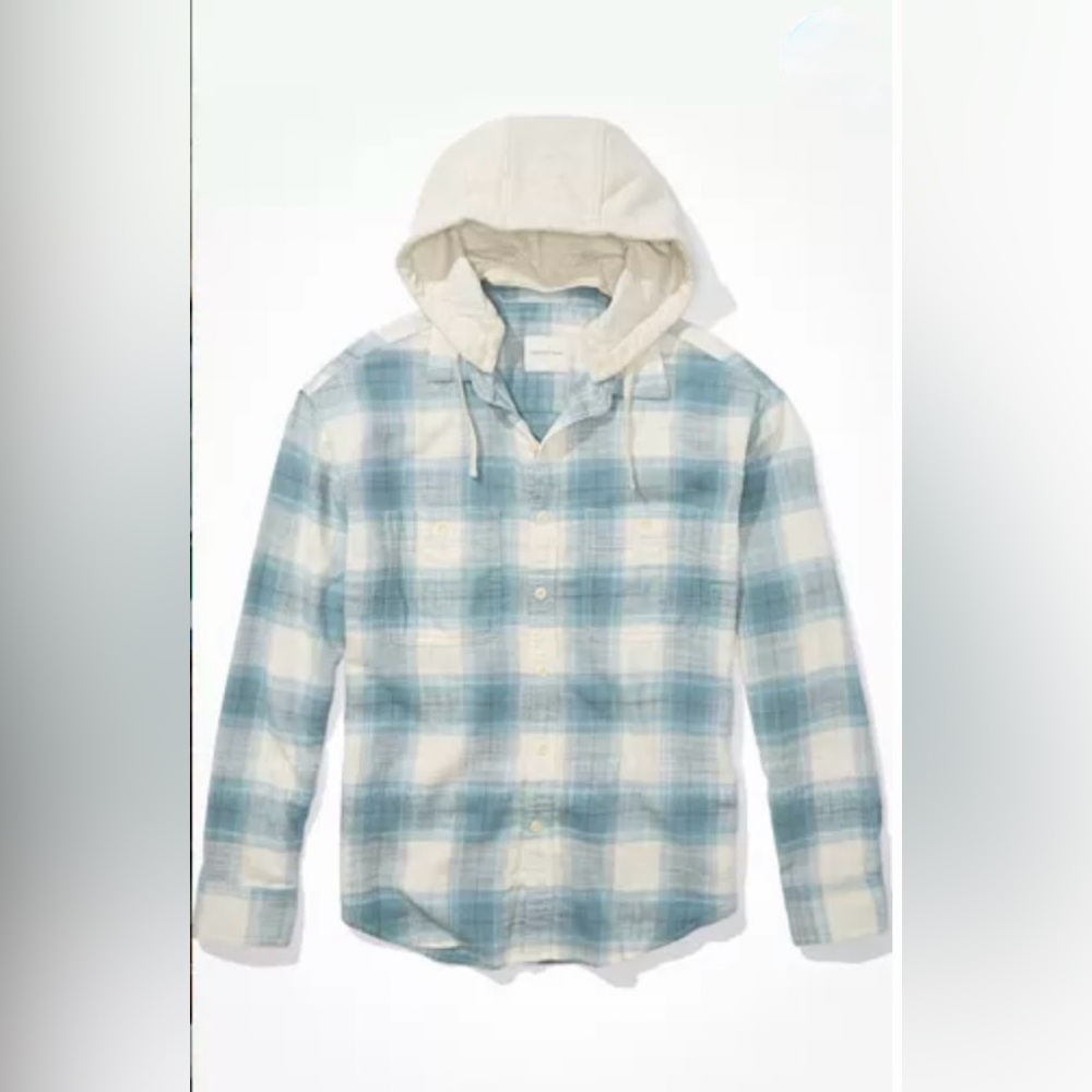 AMERICAN EAGLE Men’s Everyday Button-Up Plaid Hoodie Shirt, size S